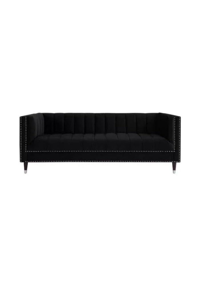 Pixa Home Luxury Black Velvet Tufted Sofa with Metallic Nailhead Trim - 170 cm